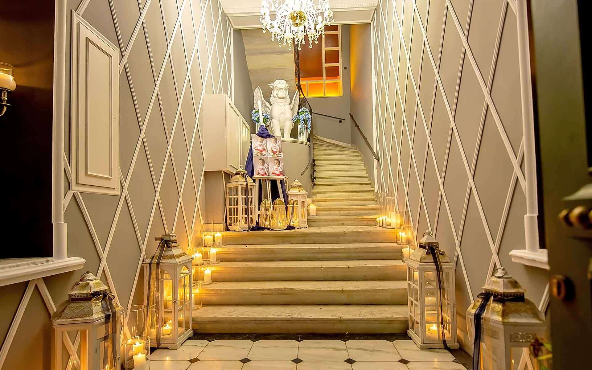 Staircase-entrance-baby-boy-baptism-decorating
