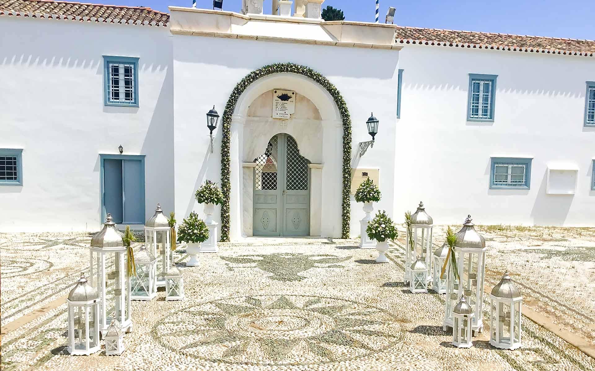 Agios-Nikolaos-in-Spetses-full-of-beautiful-marble-decorative-archways-and-lovely-mosaic-tiled-floors-decorated-for-a-wedding