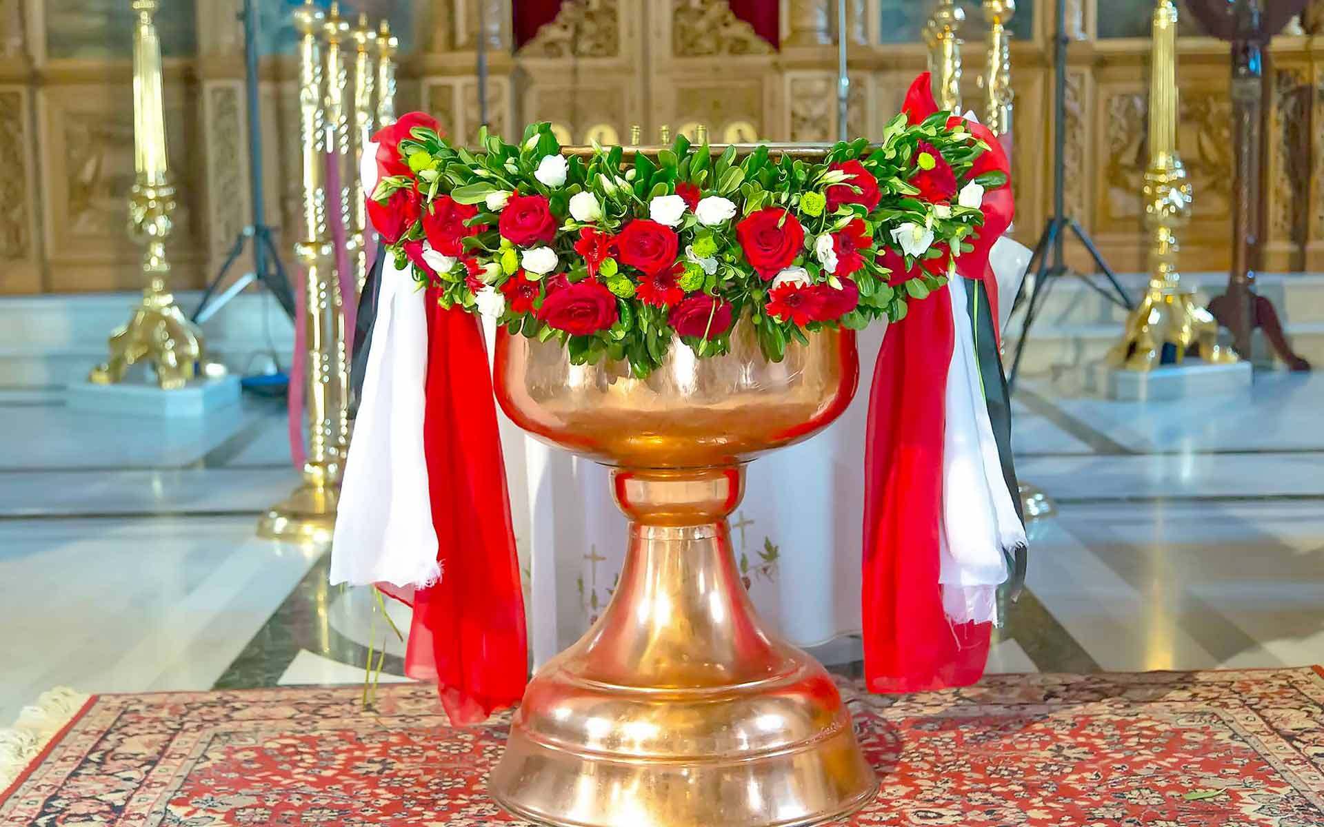 Enchanting-Golden-Gilded-Baptismal-Basin-Surrounded-By-Red-And-White-Roses-Draped-In-Chiffon