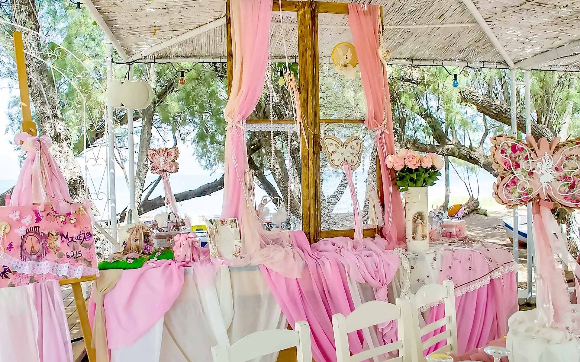 Beach-Style-Baptism-Sign-Table-With-Colorful-Fabrics-And-Butterflies