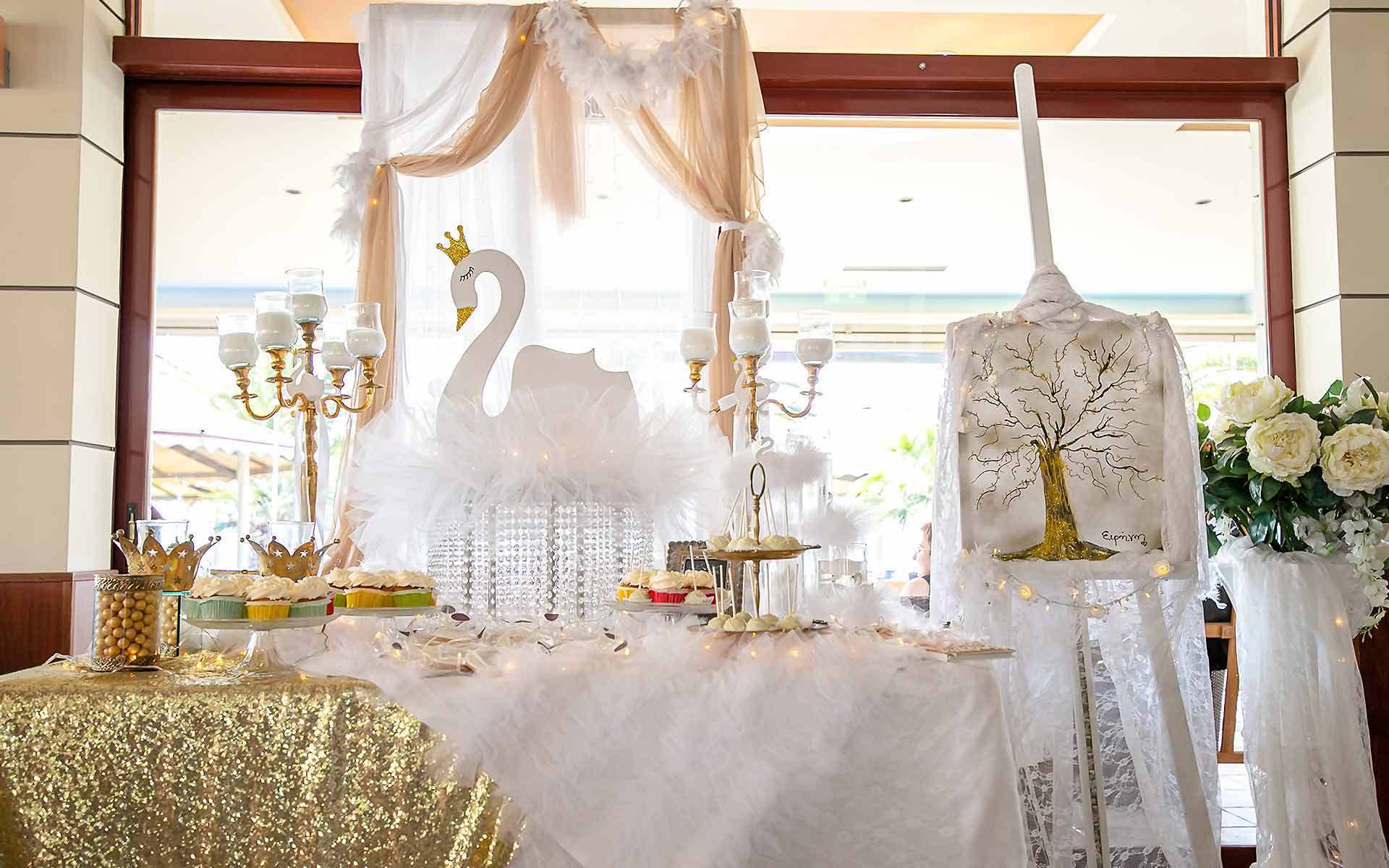 Whimsical Chic Swan theme Baptism Party Custom cake, Desserts, set Design & Decorations Custom design cake by cake pops the sweet boutique
