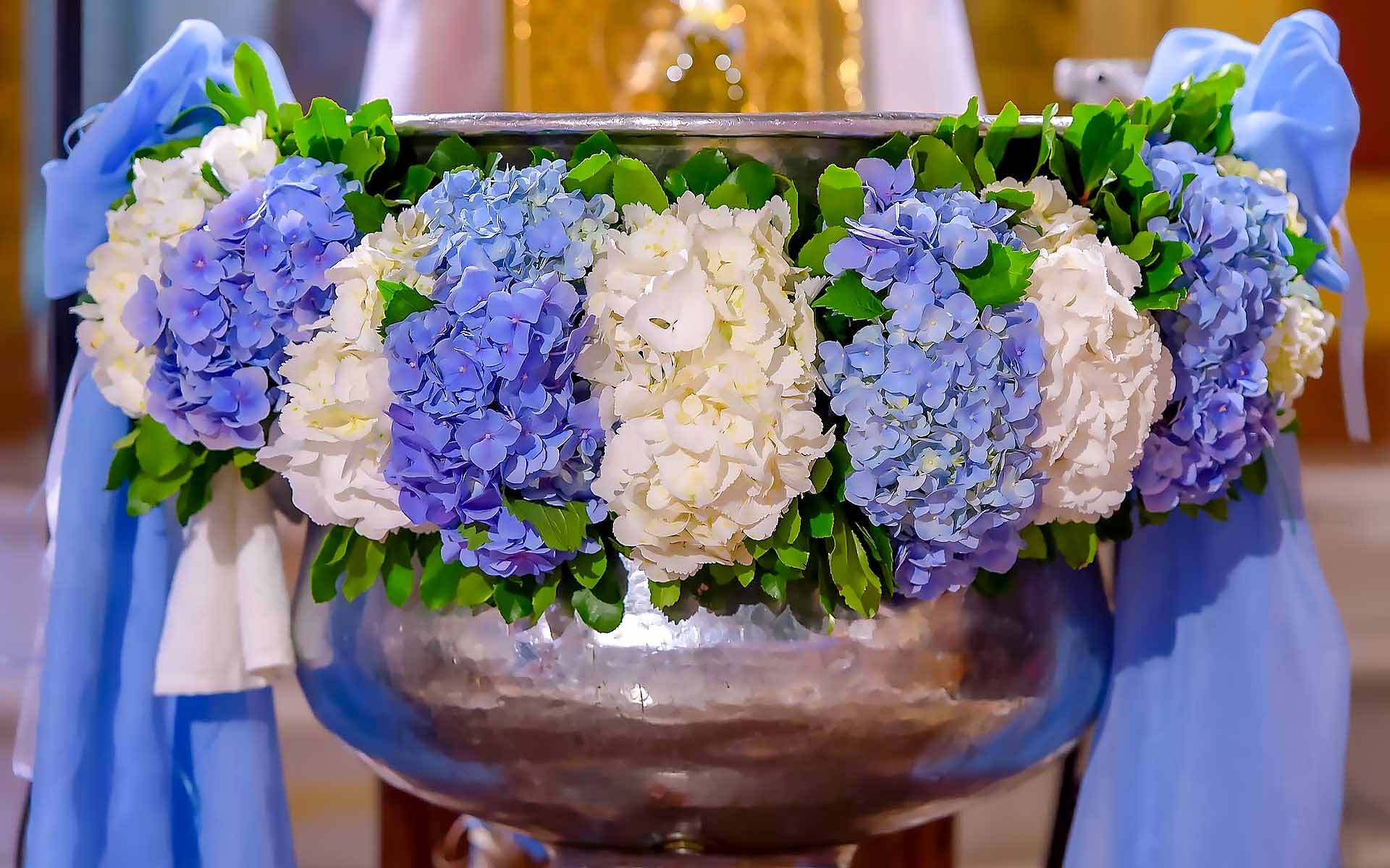 The-Silver-Baptismal-Basin-Accentuates-The-Beautiful-Blue-And-White-Hydrangeas