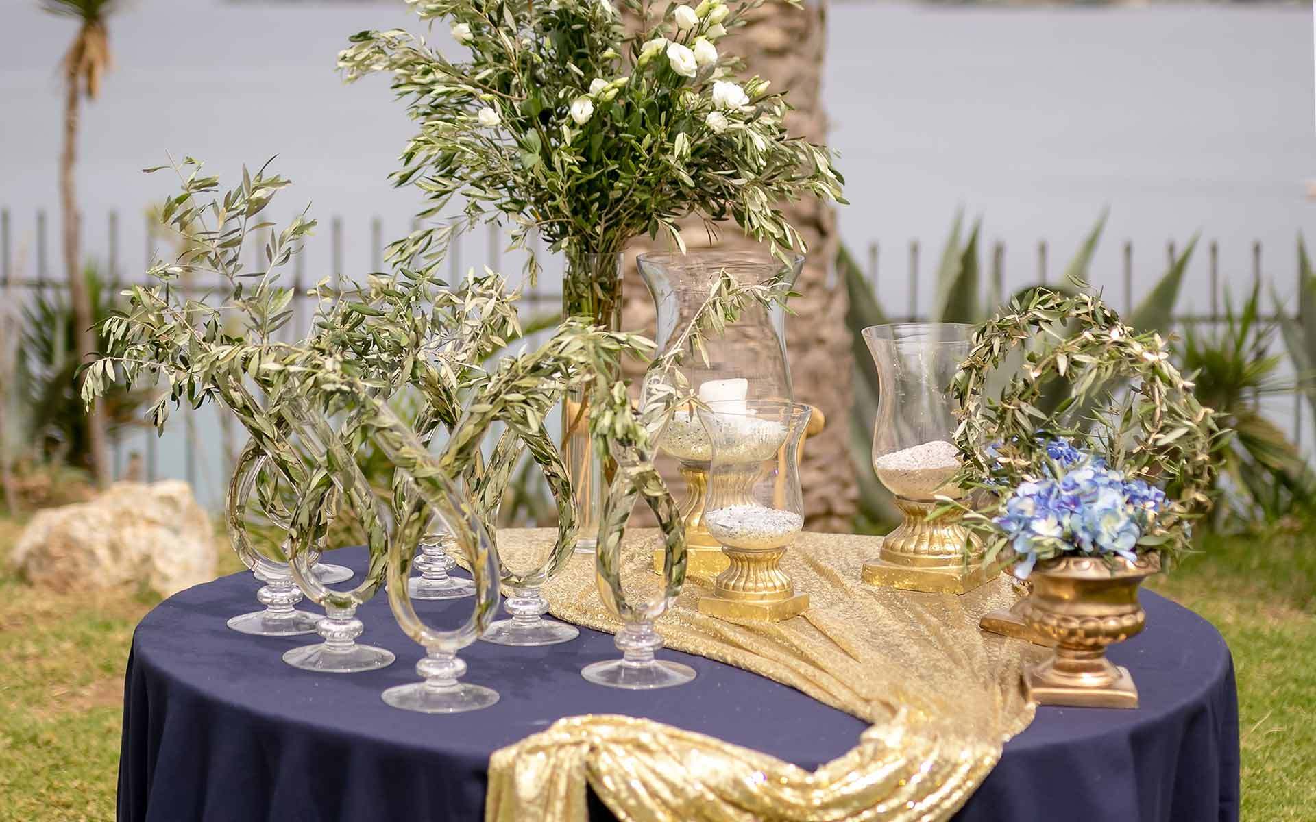 Ancient-greek-style-guest-book-table-in-navy-blue-in-Crete-by-Diamond-Events