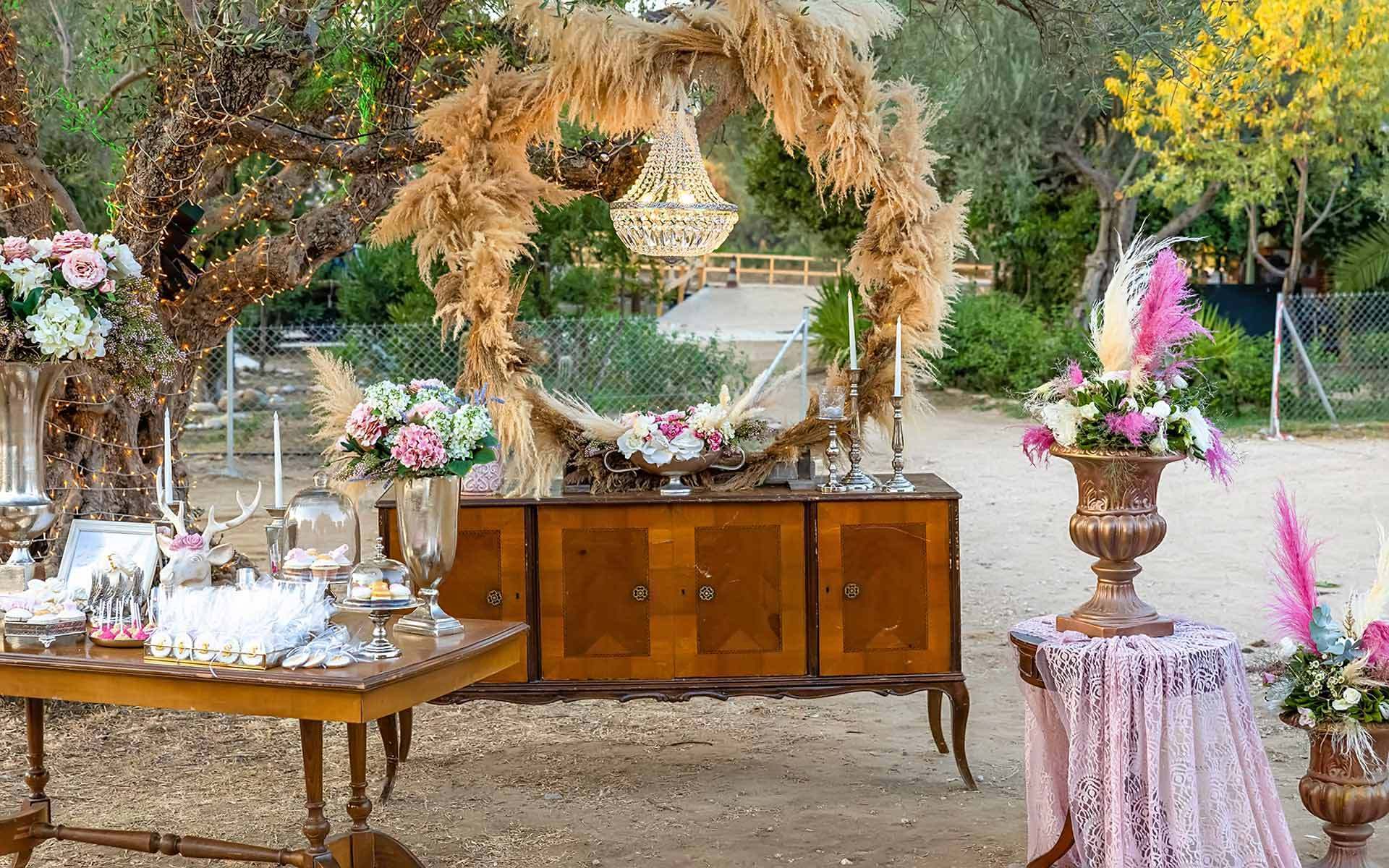 Pampas grass - crystal chandelier Elegance Wedding Guest Book table by Rogdaki Events Trademark