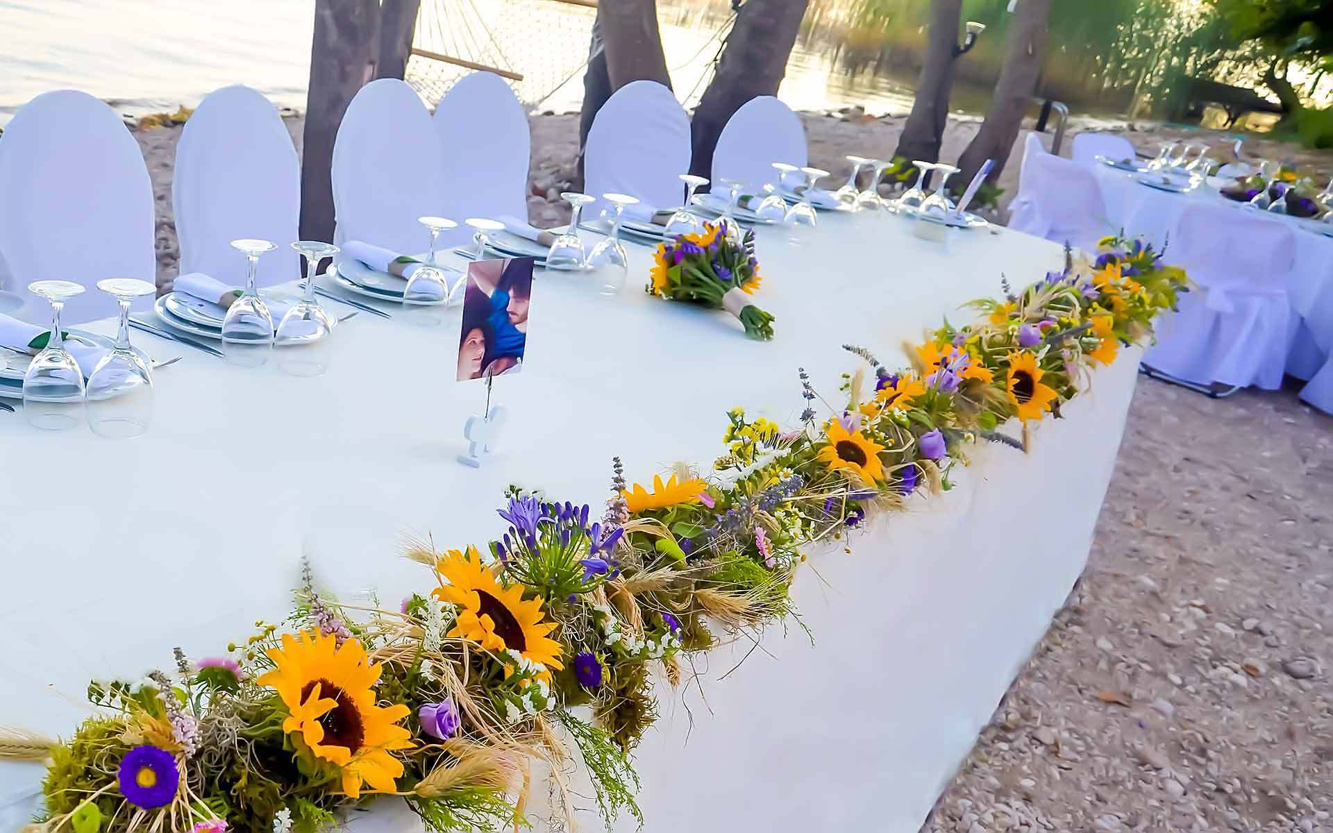 Boho style Sunflower Wedding head table in Lake trichonida, Thermo by Rogdaki Events Trademark