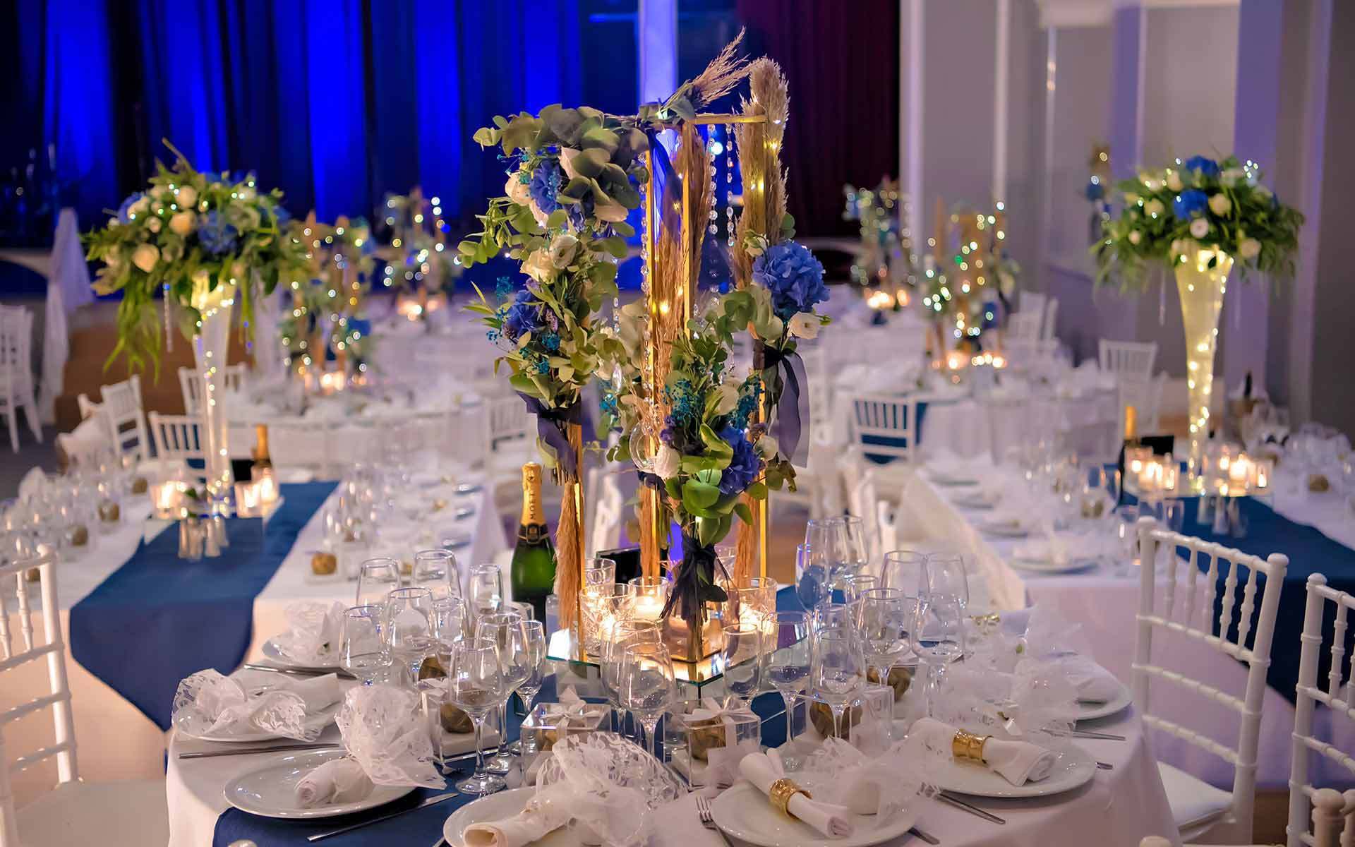 Royal Blue and Gold Wedding table Decor by Rogdaki Events Trademark