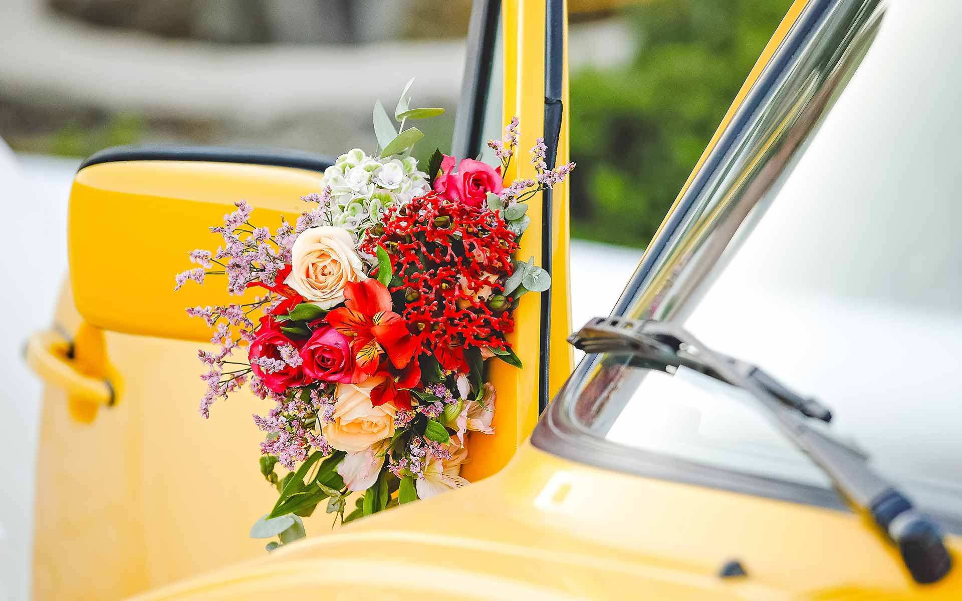 Yellow-Car-With-Bohemian-Floral-Arrangement