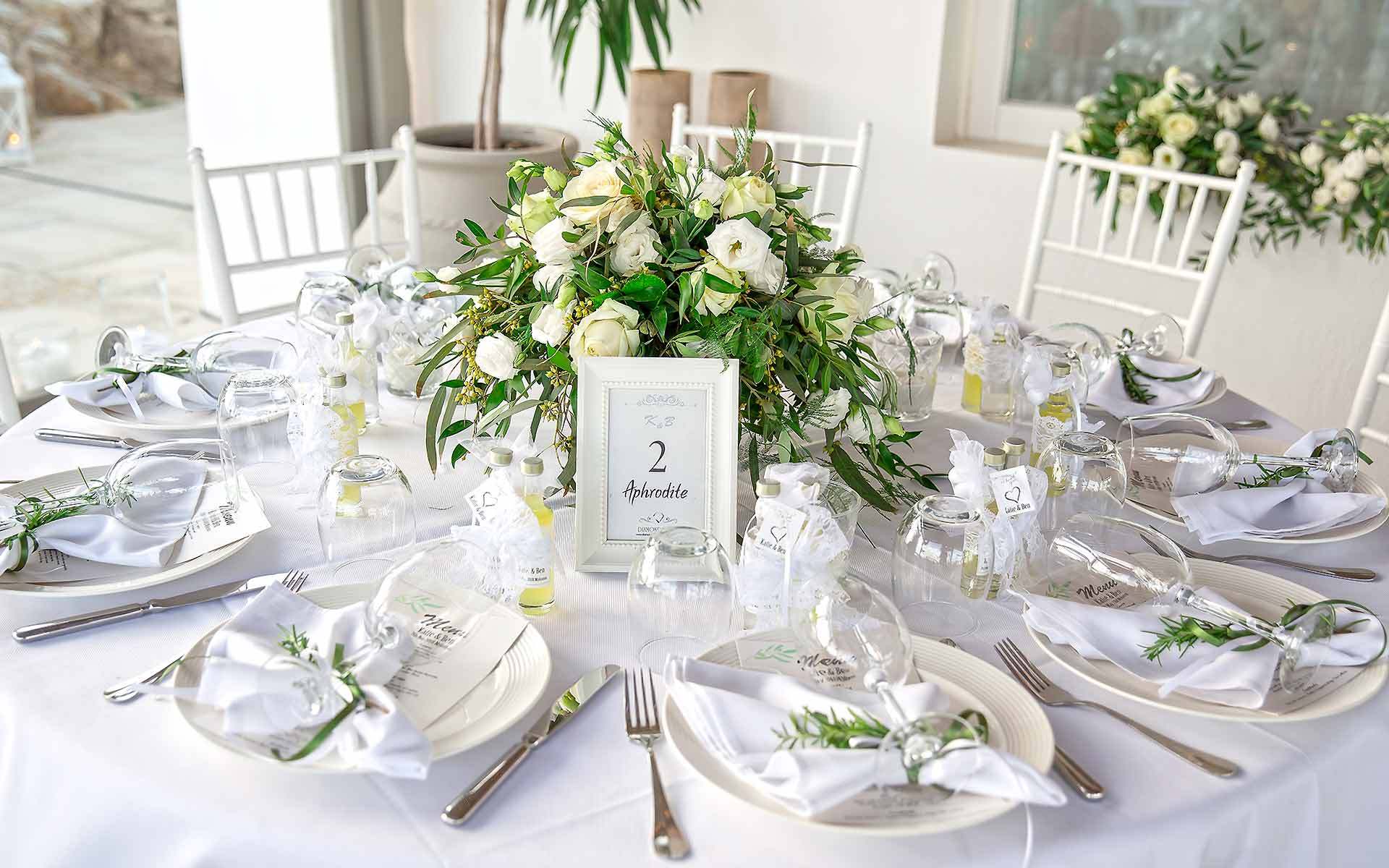 Wedding-Table-Setting-Decoration-In-Mykonos-With-Hydrangeas-Roses-And-Olive-Leafs