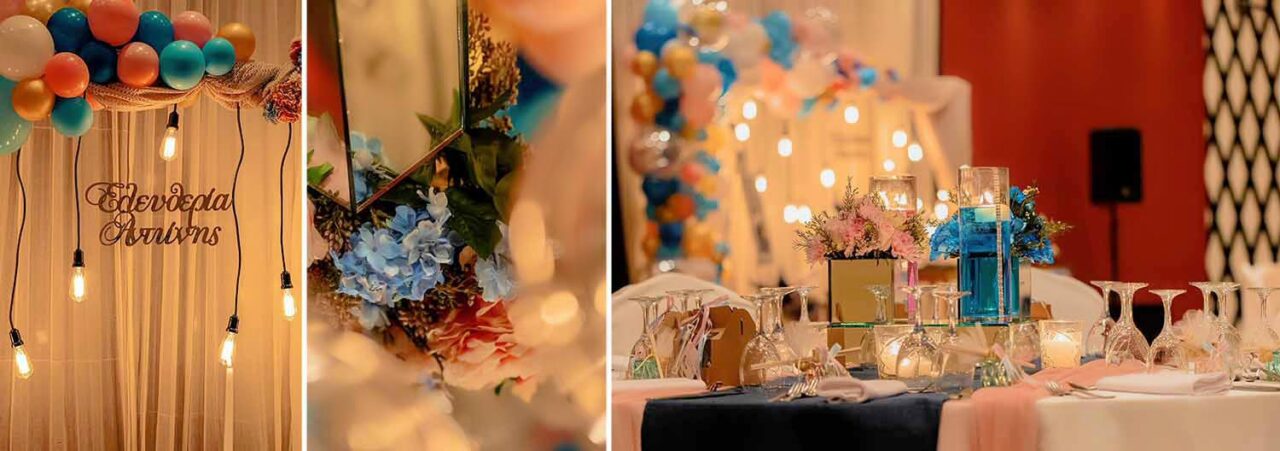 Backdrop elegance — Φωτεινό σκηνικό με μπαλόνια και λαμπερά φώτα, μια αριστοκρατική δημιουργία Rogdaki Events