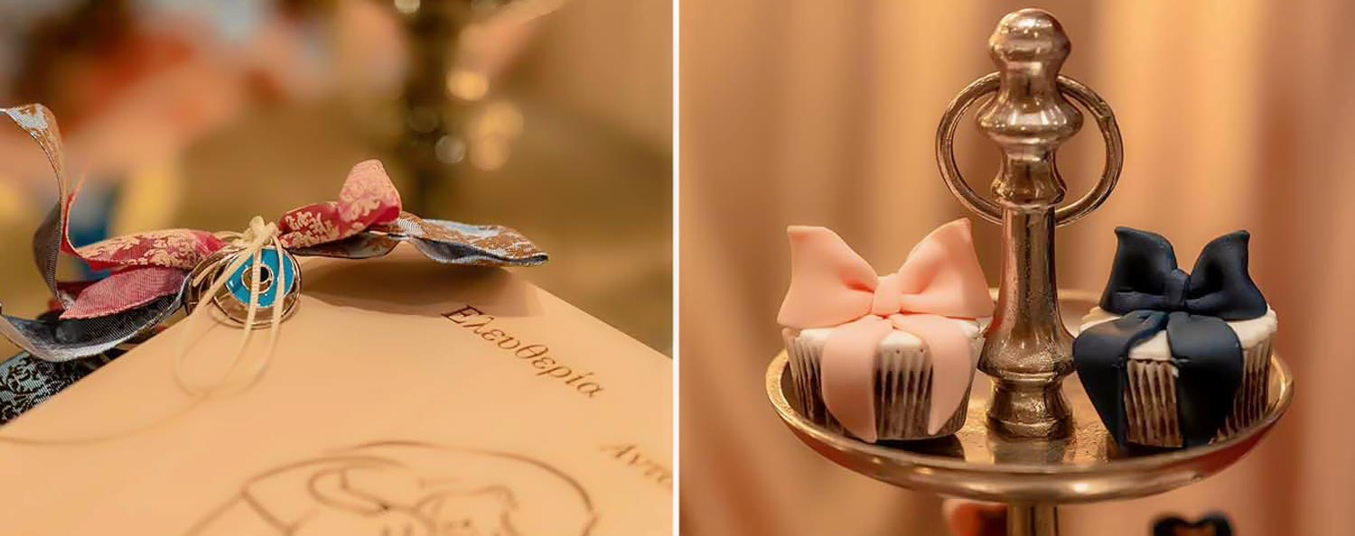 Timeless Elegance: Baptism in White & Gold 15 Cupcake bows — Λιτά και κομψά cupcakes με φιόγκους σε ροζ και navy, υπογραφή Rogdaki Events