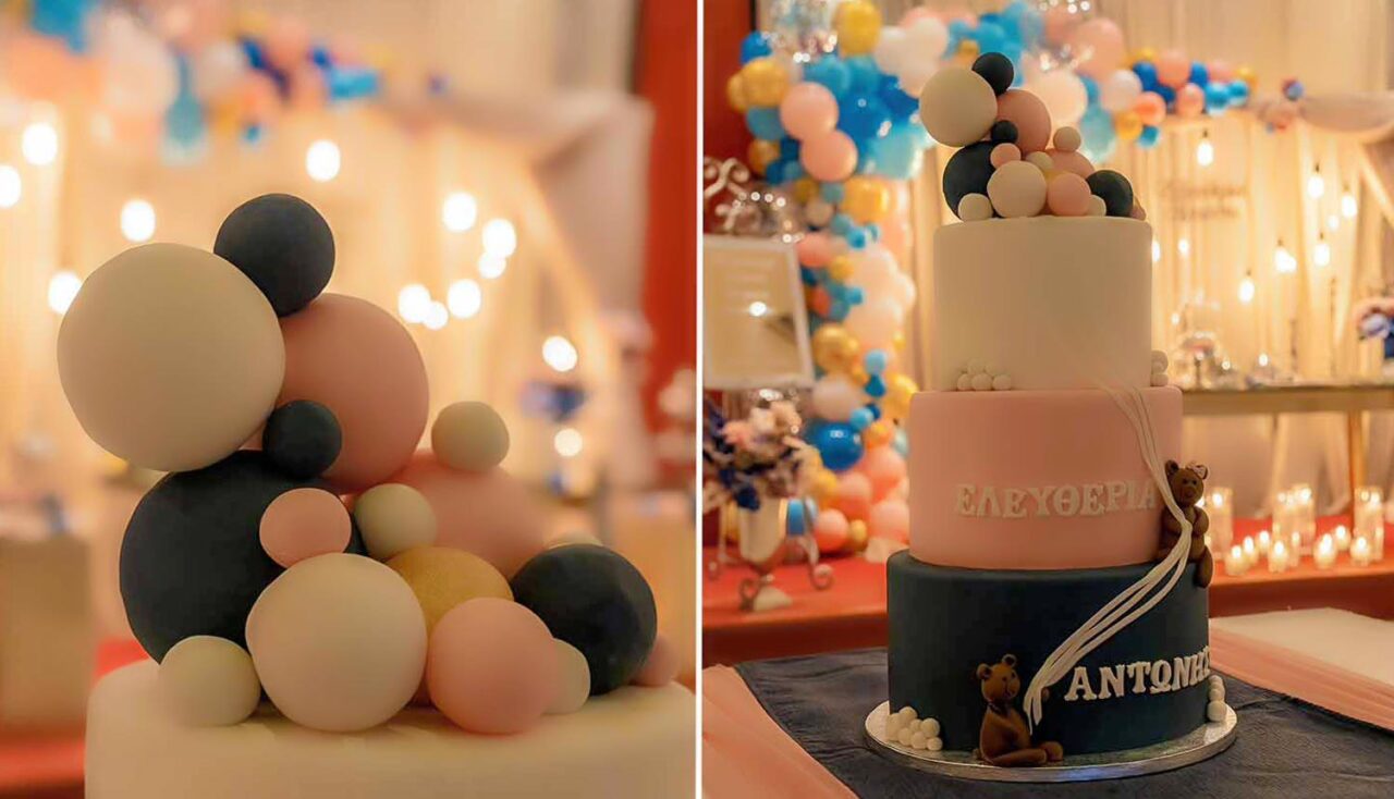 Sweet centerpiece — Τριώροφη τούρτα με αρκουδάκια και χρωματιστές μπάλες, δημιουργία Rogdaki Events
