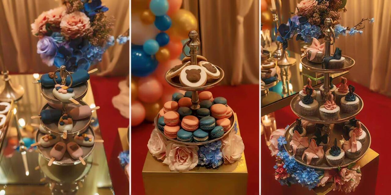 Three tier sweets tower — Πύργος γλυκών σε αποχρώσεις navy, ροζ και χρυσού, στολισμένος με άνθη Rogdaki Events