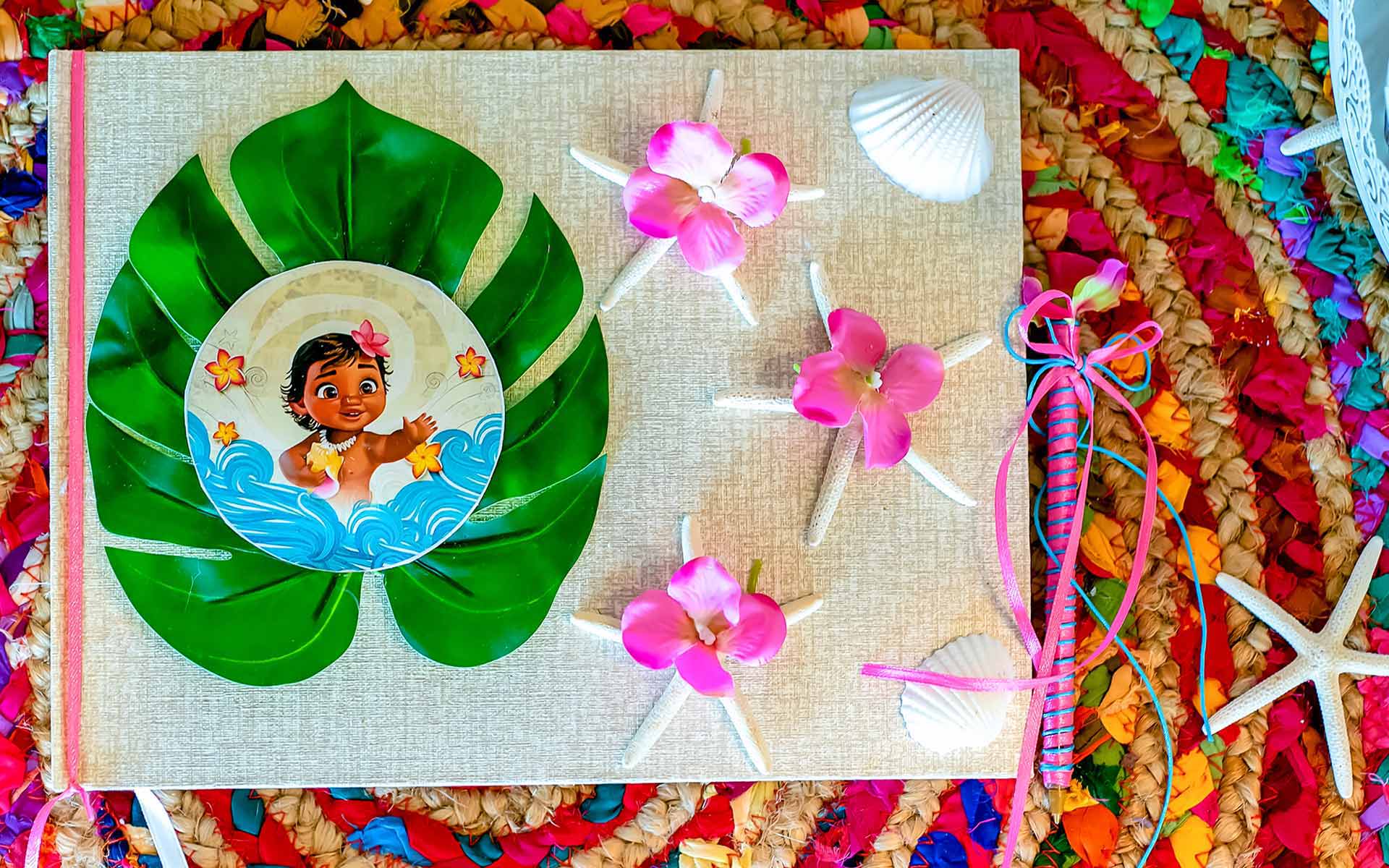 Tableware and decorations for Moana themed party. Plates napkins cups or tablecovers guest book