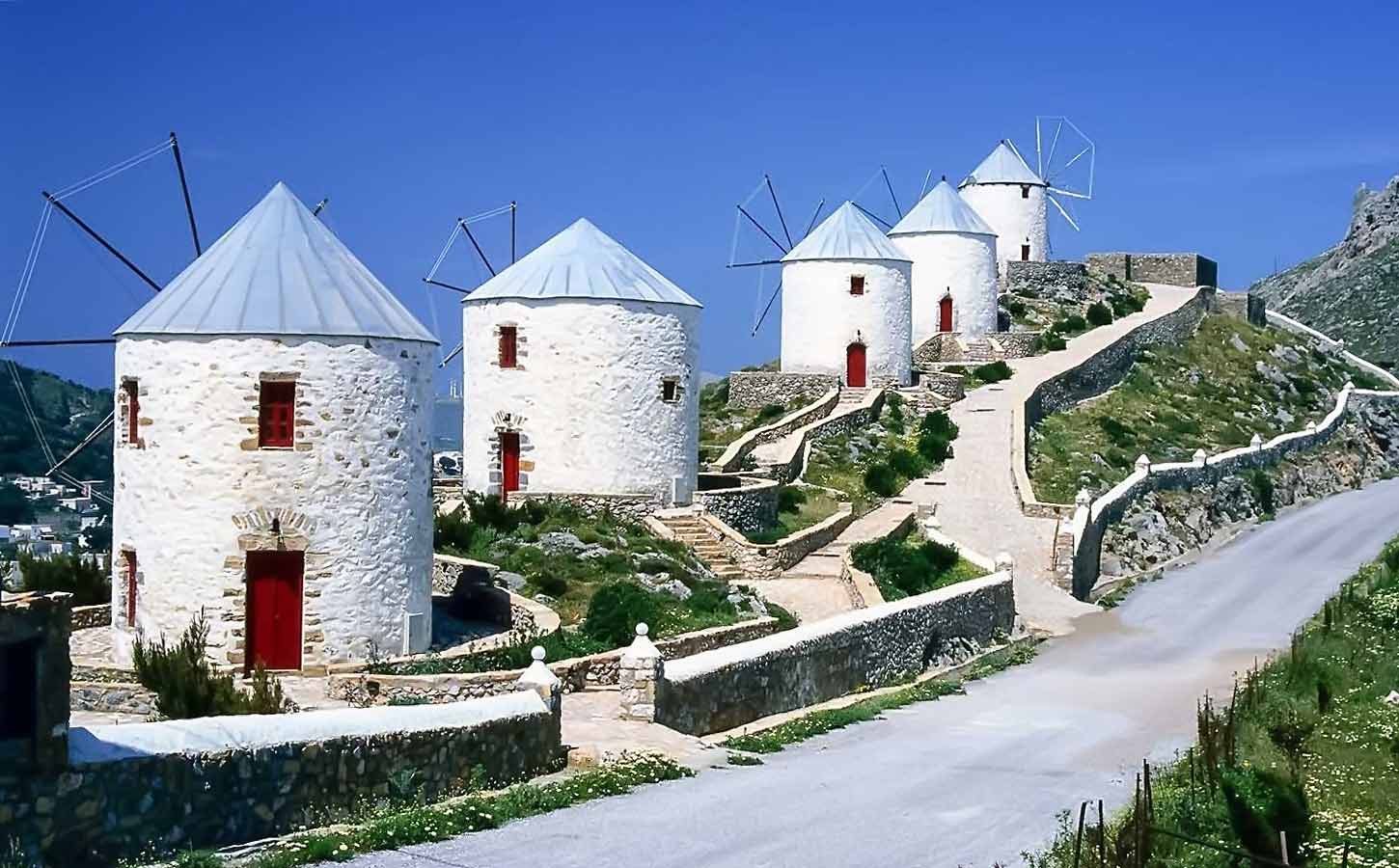 windmills overlooking hora dodecanese leros greece