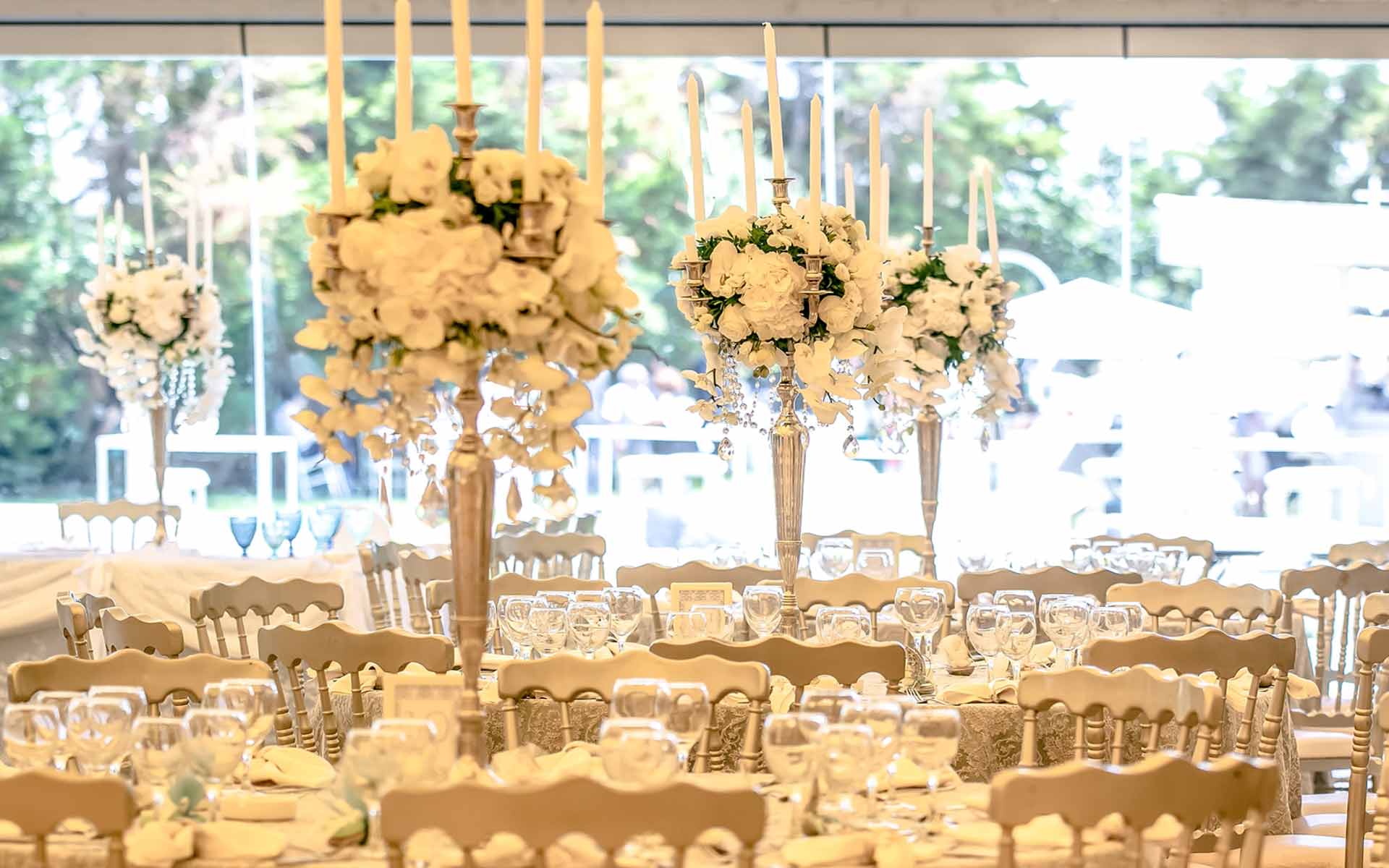 Extravagant Dream Wedding candelabras with crystals and white orchids