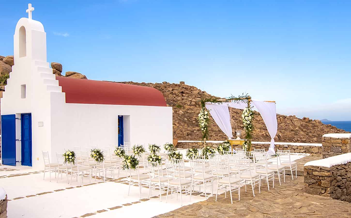 A-ceremony-decoration-in-a-private-chapel-in-Mykonos-by-Diamond-Events-Great Locations for Your Wedding in Greece