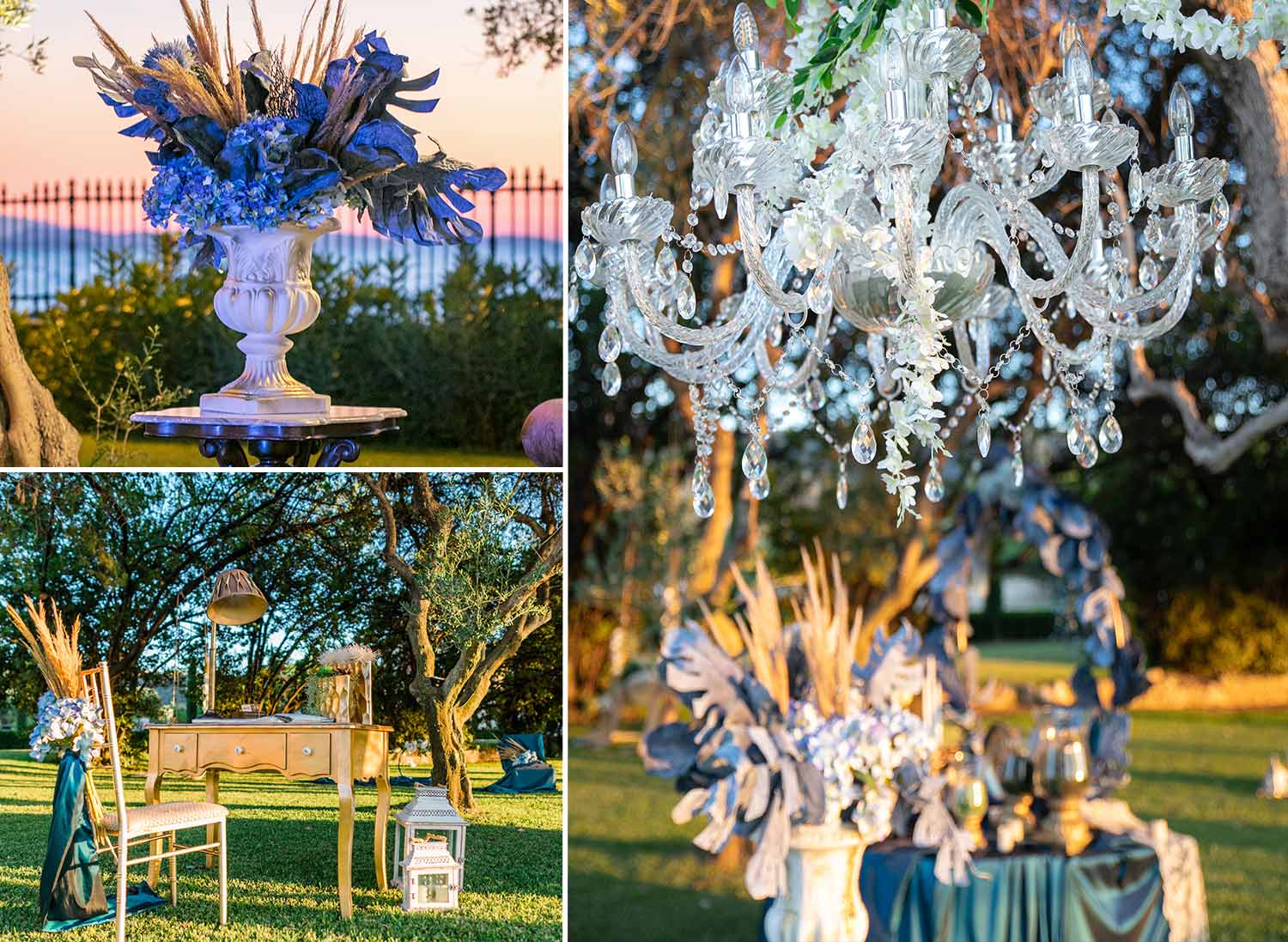 Chandeliers, pampas grass and flowers framed the wishing table 
