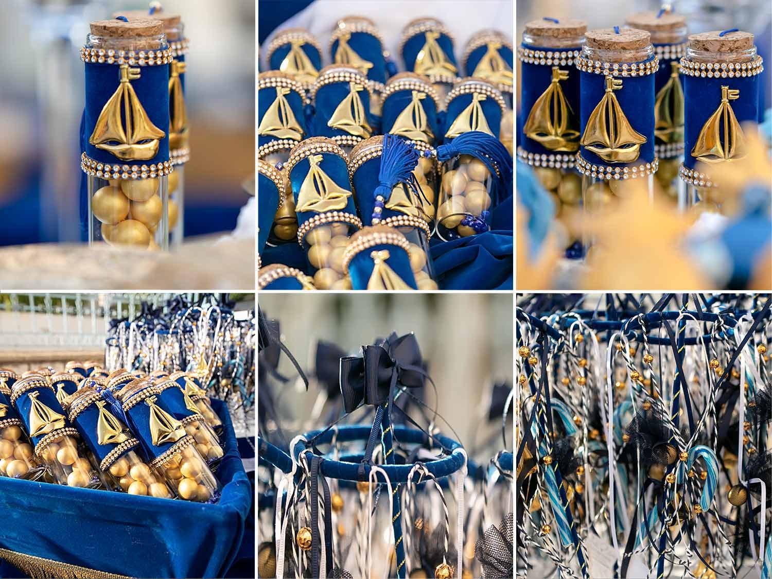 A cylinder glass baptism favor with a gold boat on top for the adult guests and a handmade stick carousel with gold boats and candy for the children