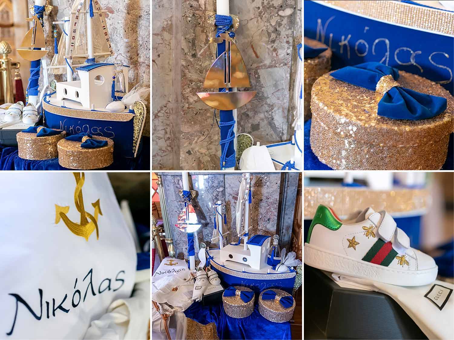 Baby boy baptism set baptism candle with velvet blue fabric and a lazer cut gold boat wooden boat personalized oilcloth with the babys name gucci shoes