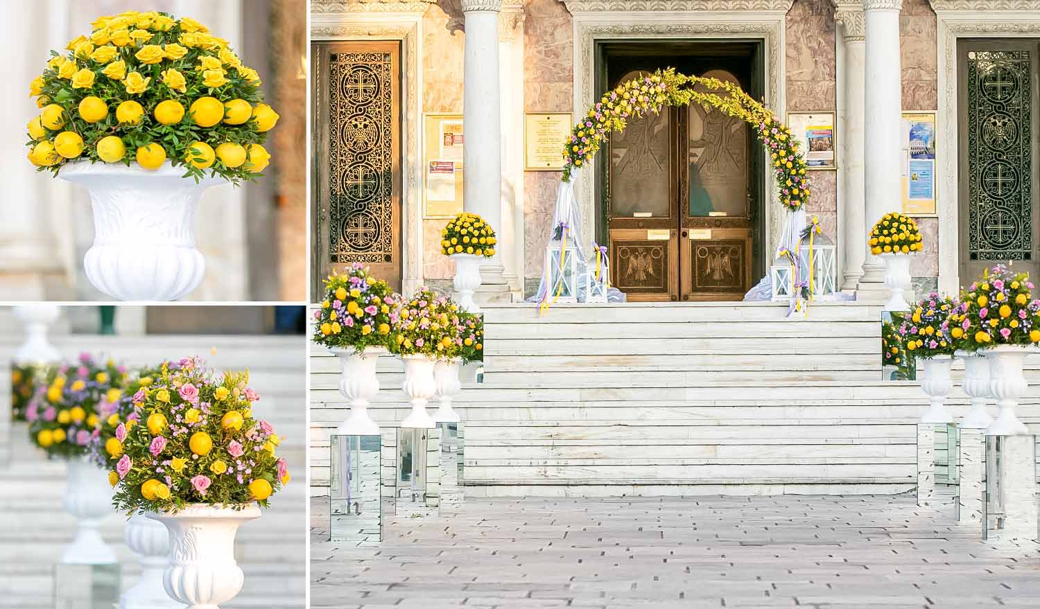 Saint andrews church aisle with lemons and yellow roses by Diamond Events 1