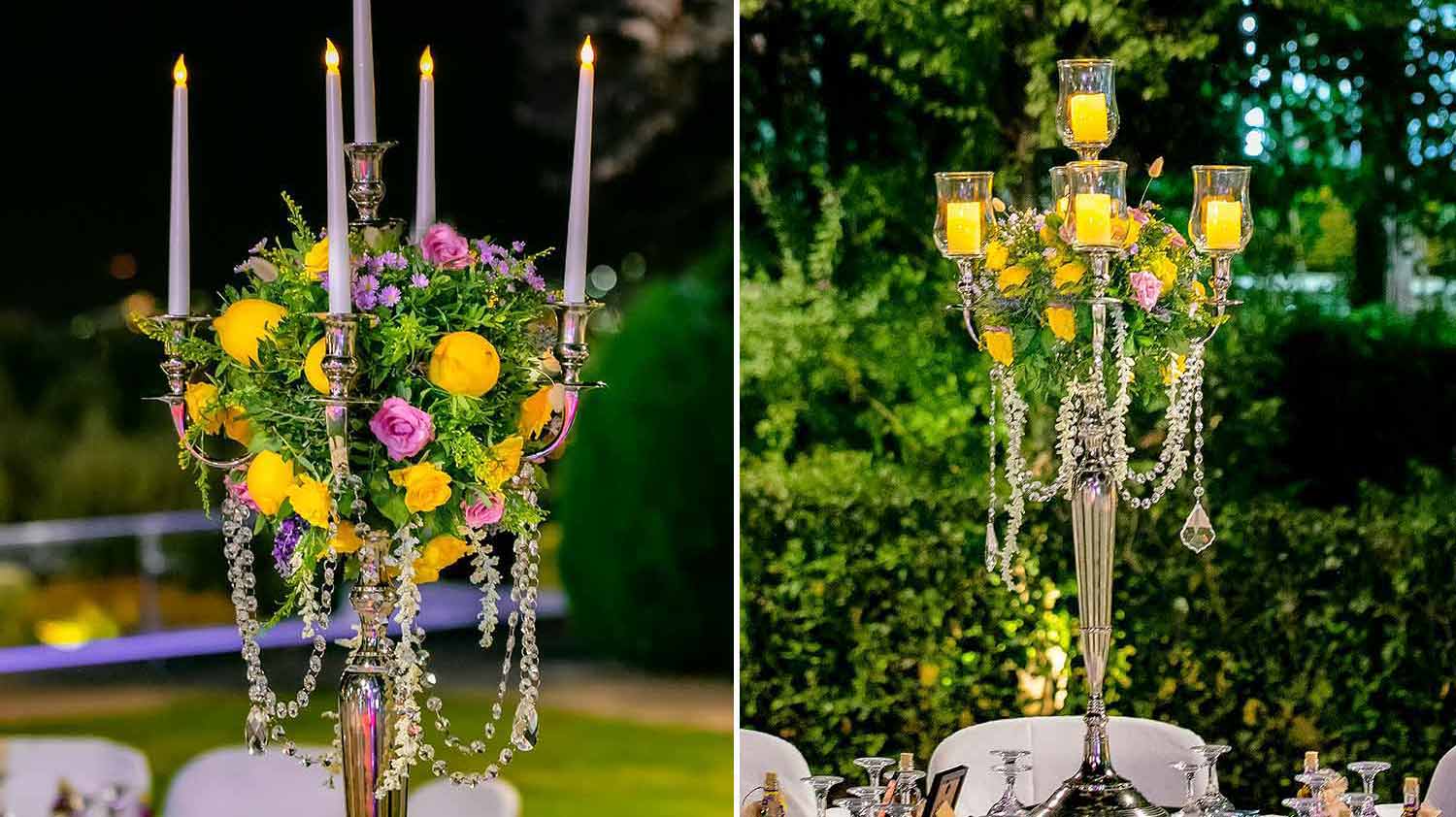 Silver andelabras with citrus lemons and yellow pastel roses as a wedding centerpiece by Diamond Events 1