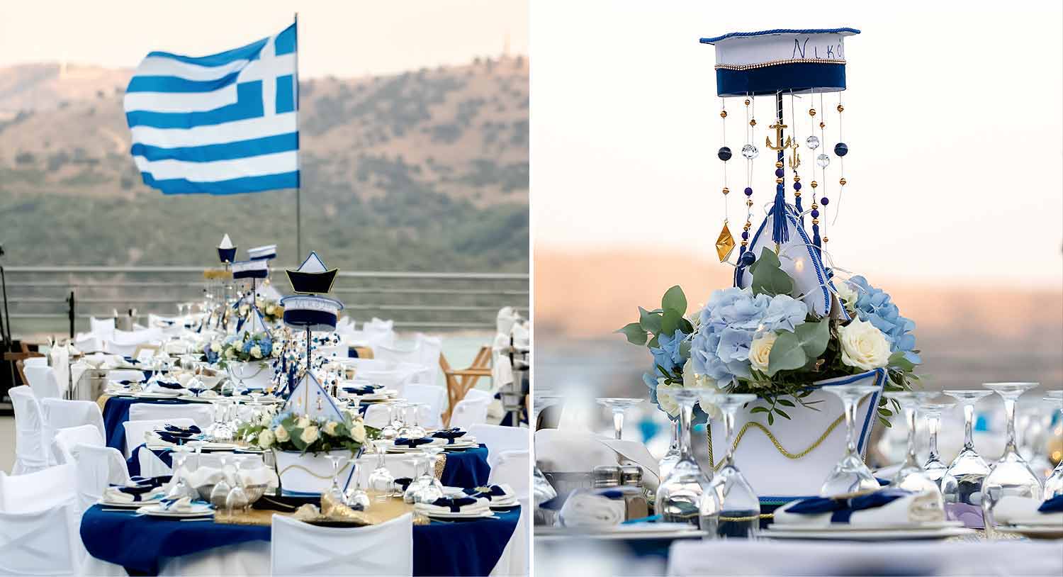 The perfect color harmony of the blue shades in the greek flag and the baptism decoration by Diamond Events