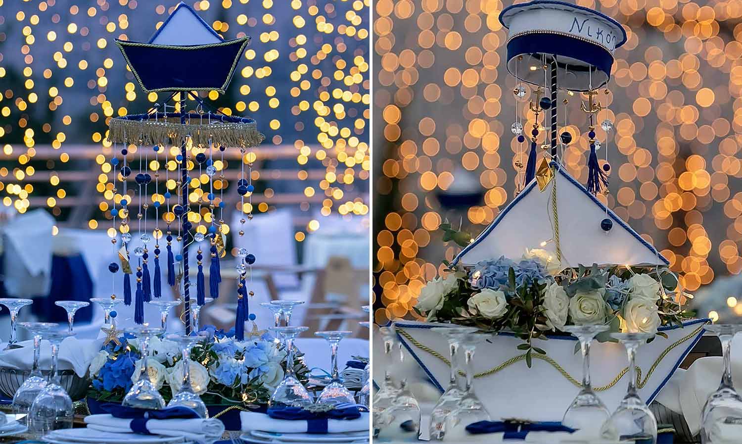 Two kinds of centerpieces with handmade boats blue and gold elements and natural flowers foe a royal navy themed baby boy baptism