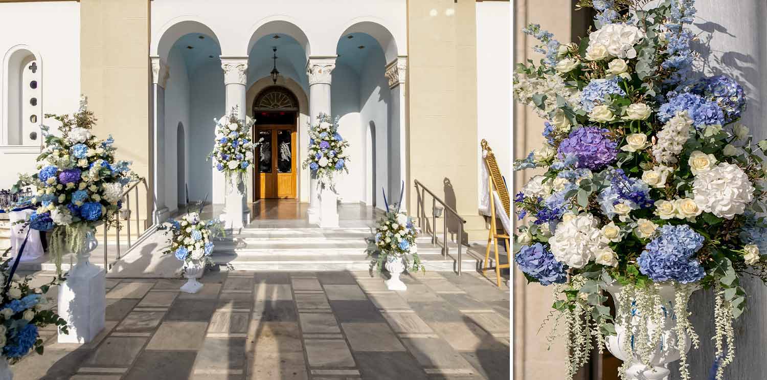 White and blue hydrangeas white roses and a touch of greenery where perfecly combined to create multiple amazing flower arrangements