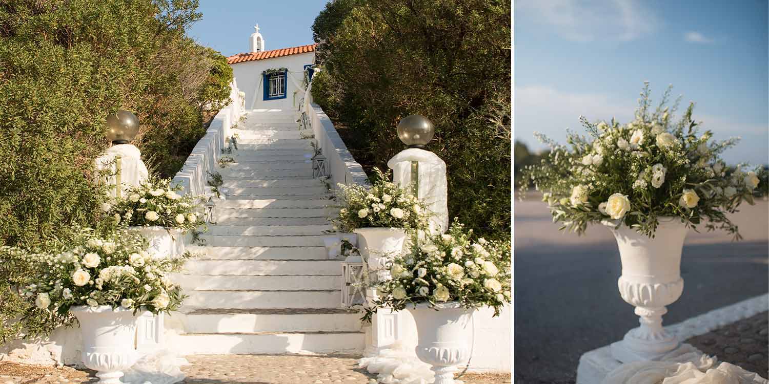 A favorite for Porto Heli summer weddings the chapel at St Amillianos decoraded by Diamond Events