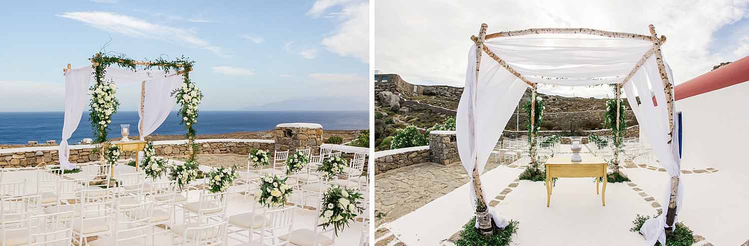 Arch with white flowers for a romantic ceremony in Mykonos
