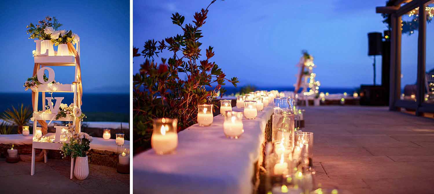 Candles in the welcome area of a private party in Mykonos