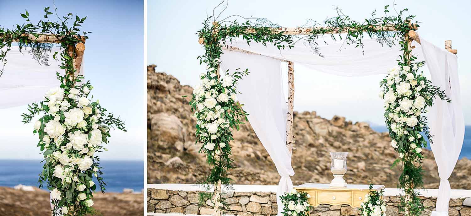 Mykonos wedding civil ceremony decoration with white chiavari cahirs