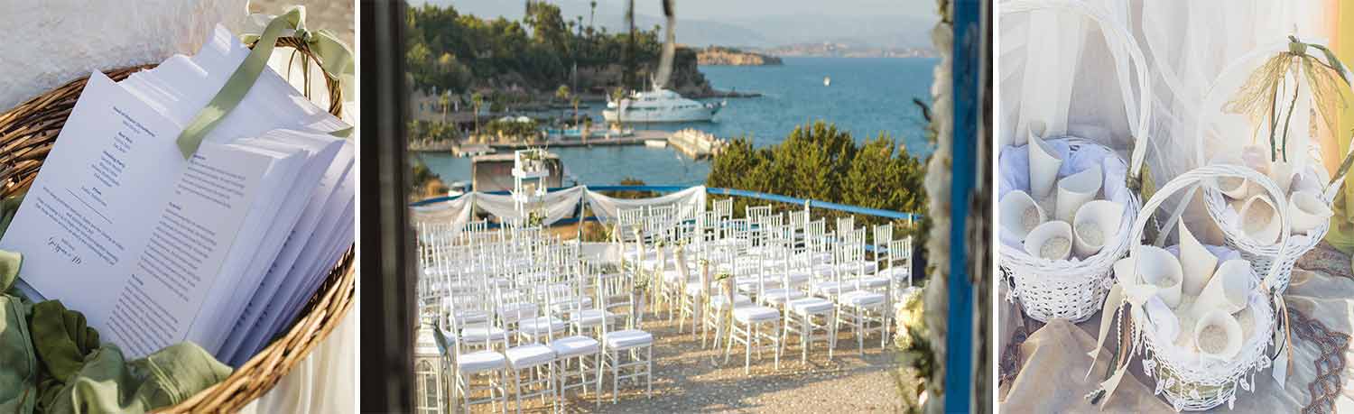 Order of Service for a Wedding Ceremony view of the Porto Heli port