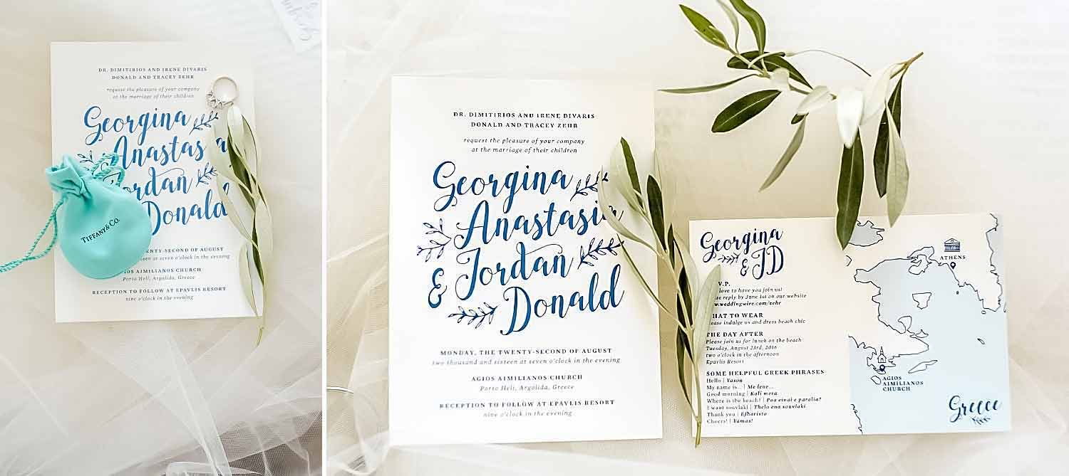 Wedding invitations with a tiffany wedding ring and olive leaves
