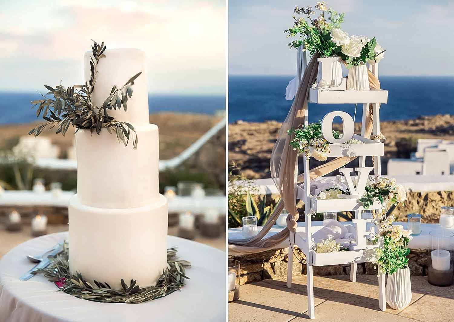 olive leaves wedding cake for a wedding in a private villa in mykonos
