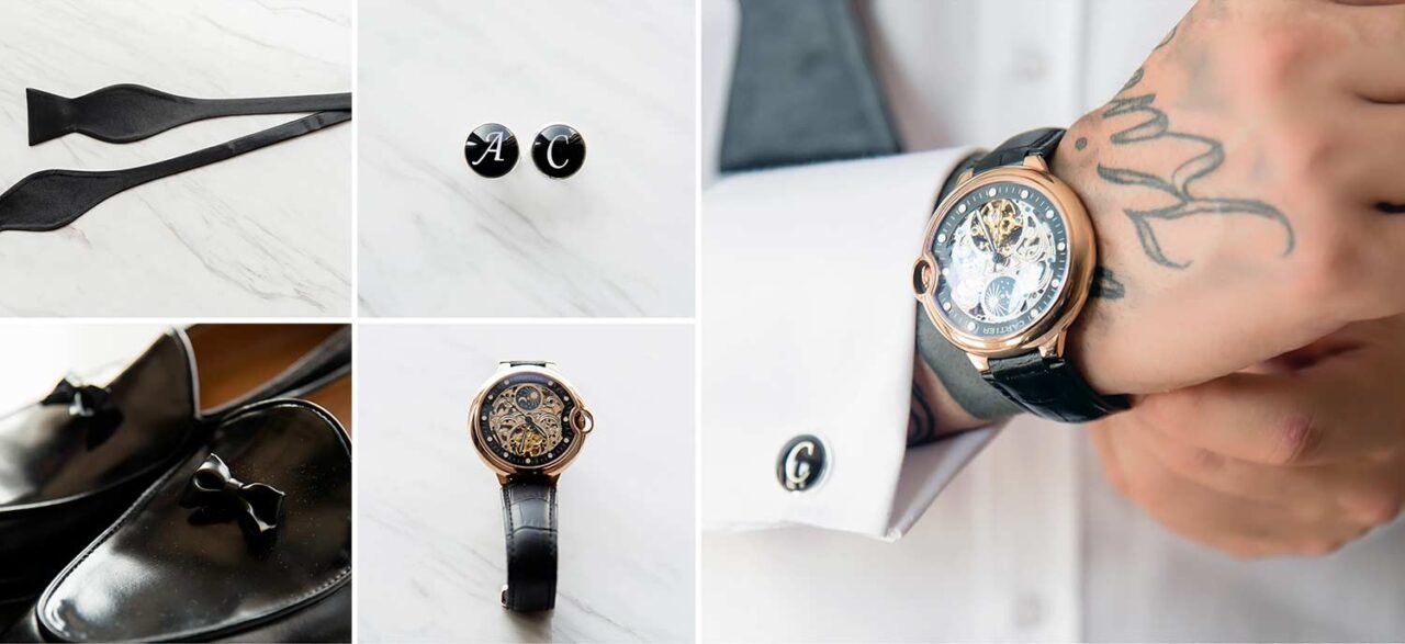 Grooms accessories Cufflinks Cartier watch Gucci shoes completes the groom classy styling 1