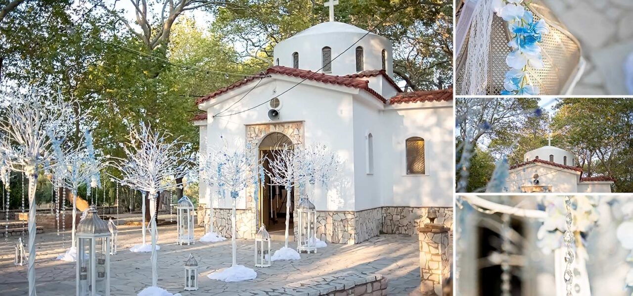 The area of the church where it welcomes guests and the couple is decorated with wooden natural white trees flowers in light blue and lanterns 1