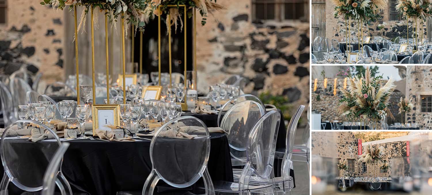 Santorini Wedding gold decor details in Tomato Industrial Museum by Diamond Events
