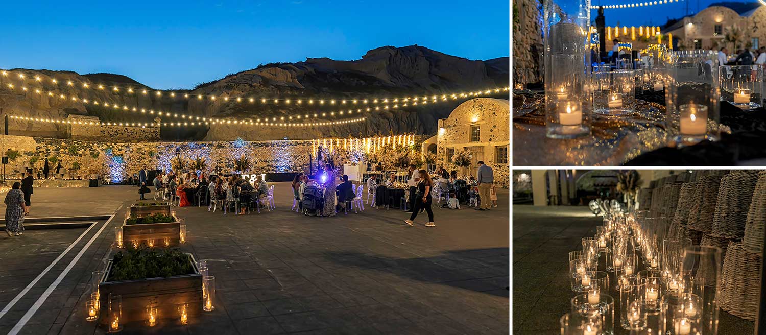Santorini Wedding illumination with candles and string lighting in Tomato Industrial Museum by Diamond Events