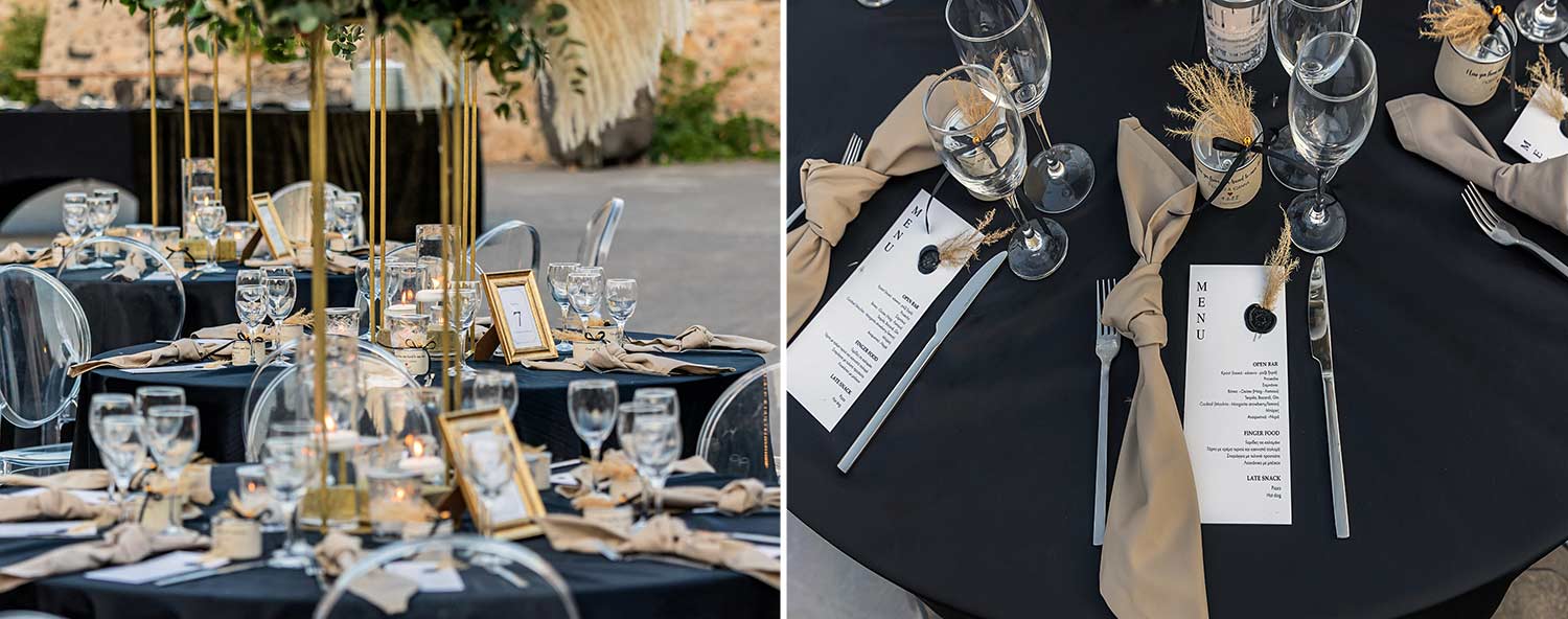 Santorini Wedding menu napking details in Tomato Industrial Museum by Diamond Events