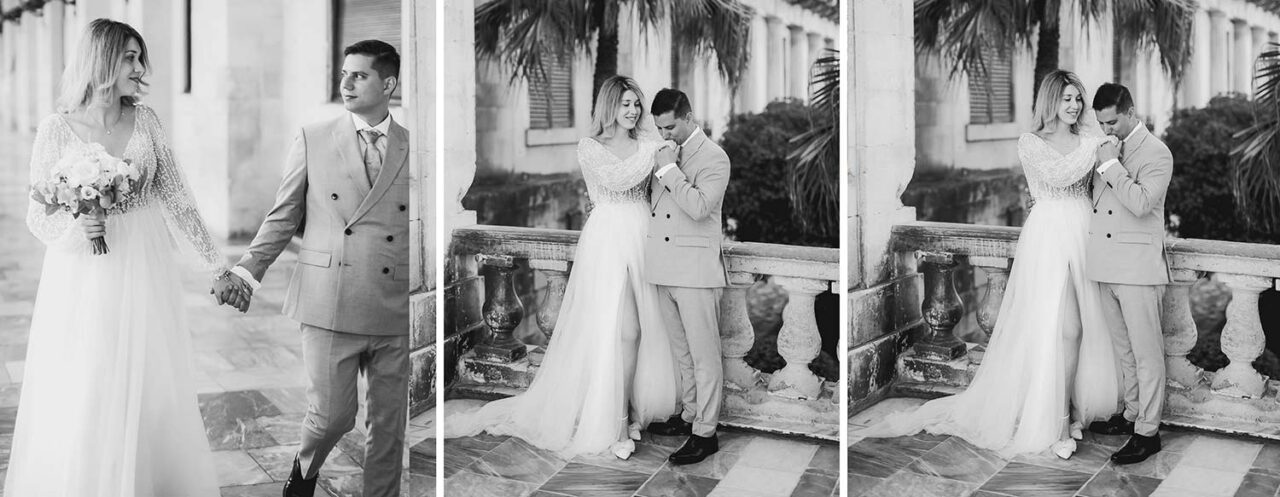 45 black and white photoshooting of the couple Micro wedding in Corfu from Rogdaki Events trademark 1