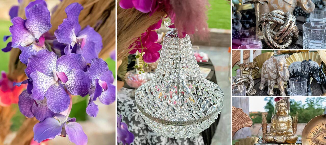 Purple orchids chandelier with crystals and other neat little objects are the basic details of the wedding in Buddha style by Rogdaki Events