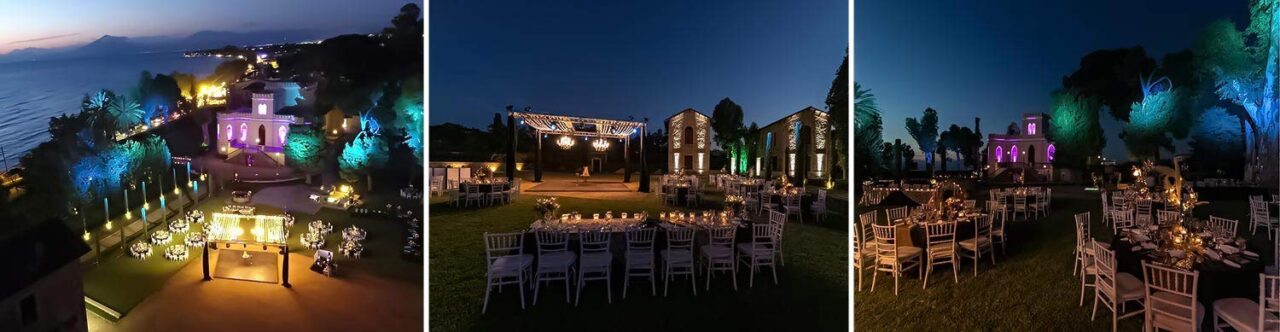 Wedding ceremony setup and the panoramic view of the private villa by Rogdaki Events