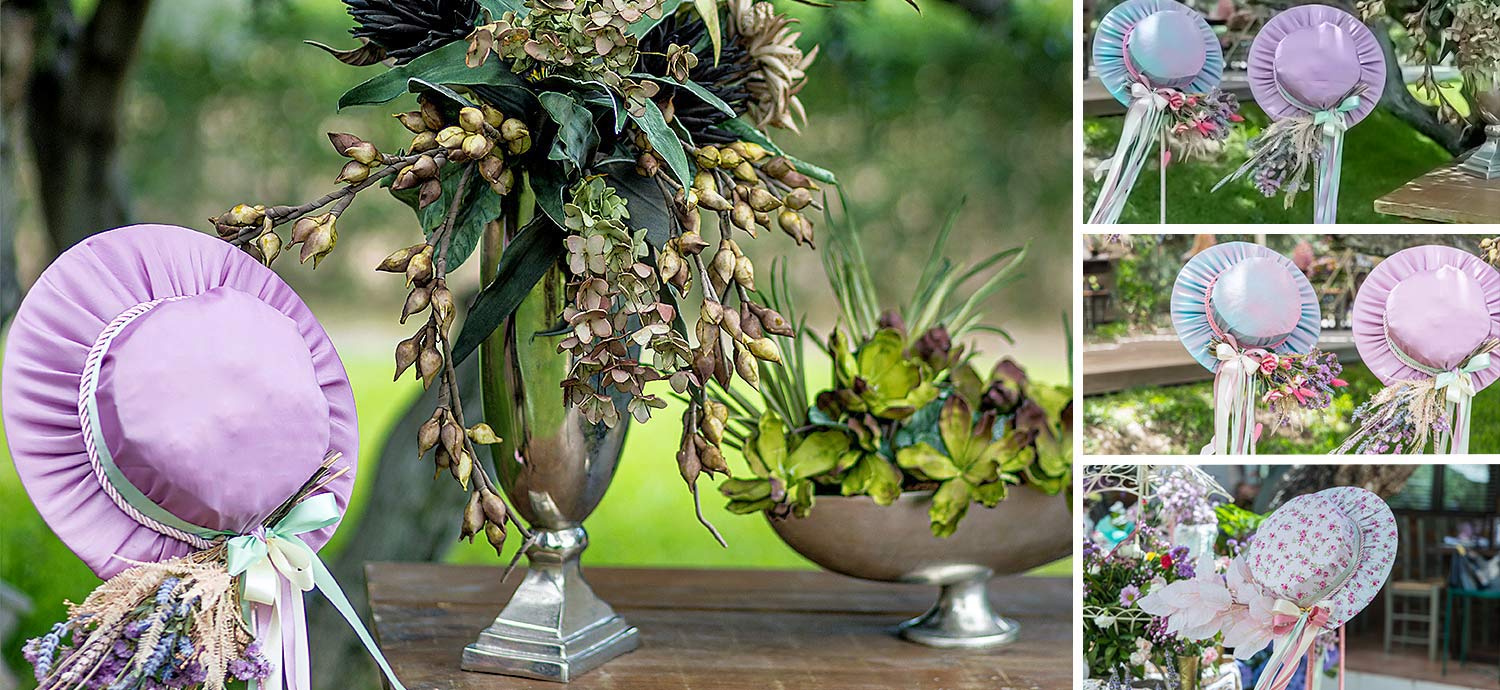 Αγγλική εξοχή | Θεματική Βάπτιση 21 Jane Austen Pride Prejudice inspired Baptism hats pink decoration by Rogdaki Events