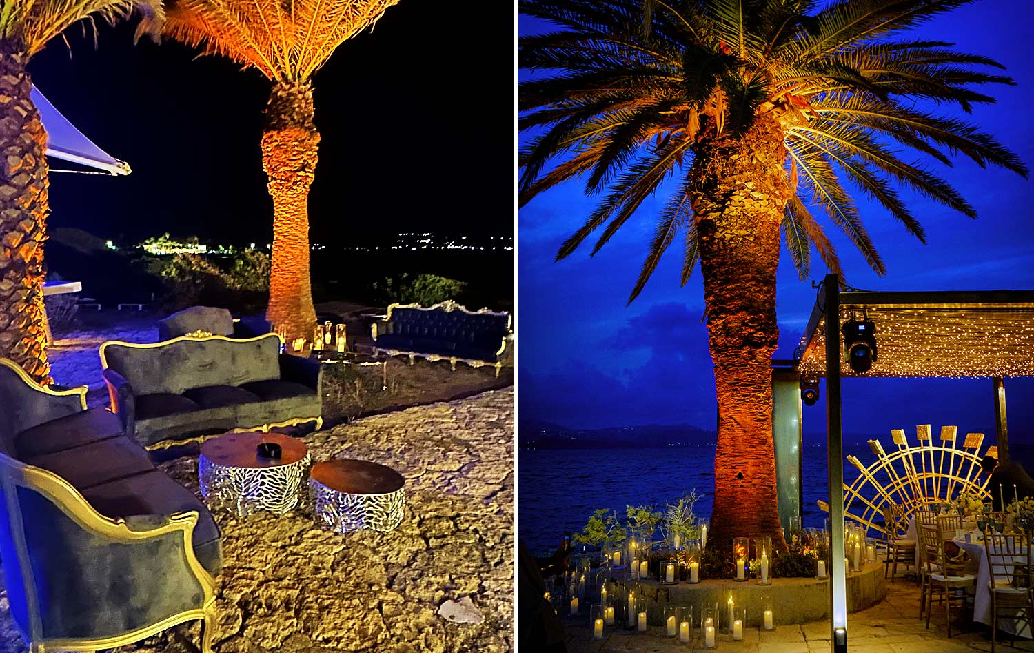 Κεφαλονιά: Ένας Ρομαντικός Γάμος στο Ιόνιο 33 Lavish seating arrangements by Rogdaki Events under beautifully lit palm trees offering a luxurious outdoor