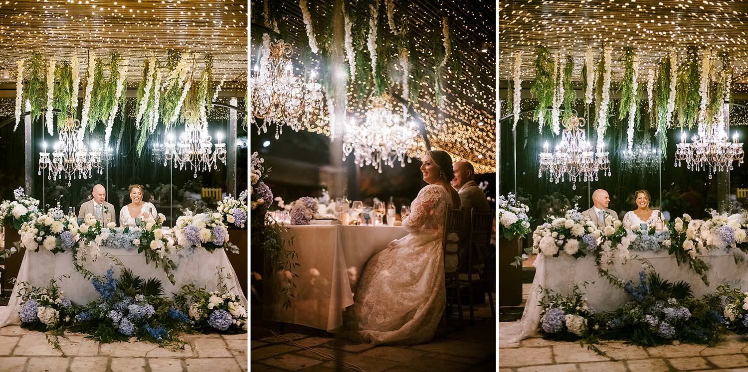 Κεφαλονιά: Ένας Ρομαντικός Γάμος στο Ιόνιο 30 Romantic dinner setting for the bride and groom framed with greenery and chandeliers. Styled by Rogdaki Events