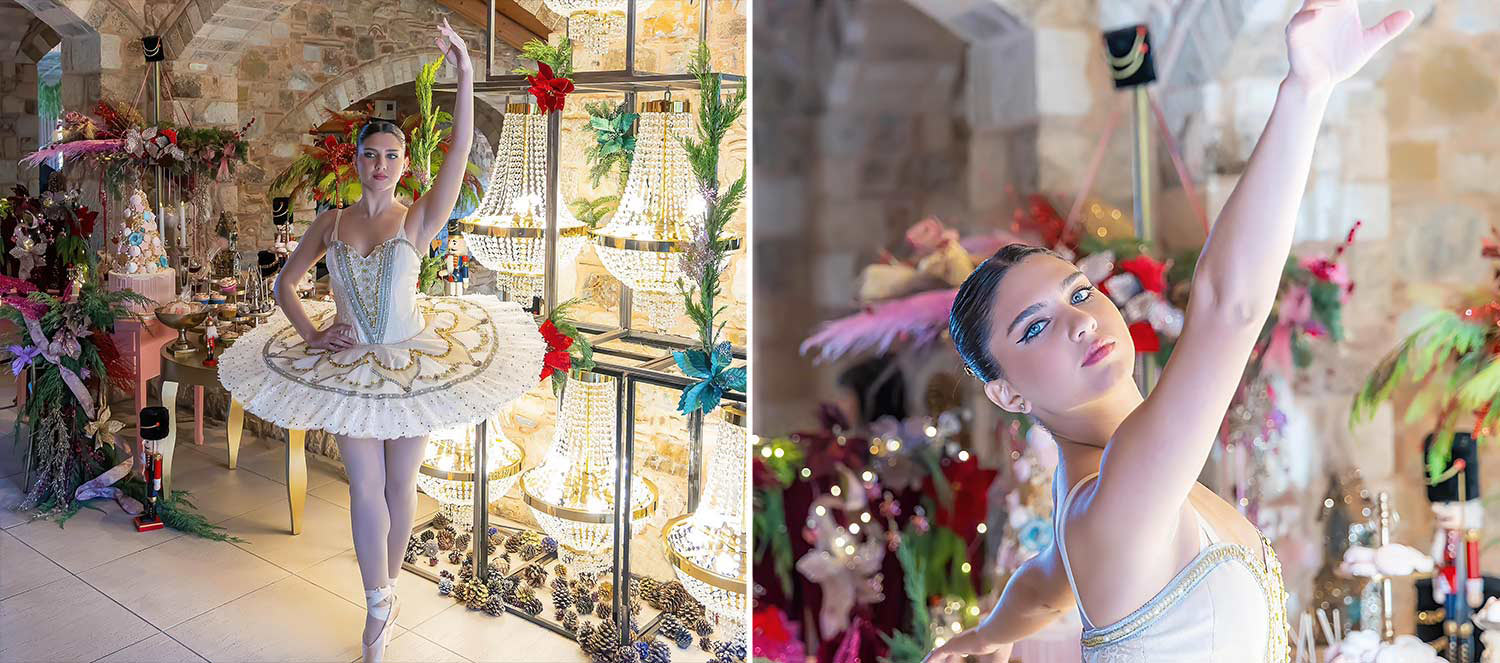 Μια Παραμυθένια Βάπτιση | Μπαλαρίνας & Καρυοθραύστη 21 A Magical Ballerina Rogdaki Events captures the elegance of a baptism at Pyrgos Petreza with a stunning ballerina surrounded by sparkling chandeliers and festive decor