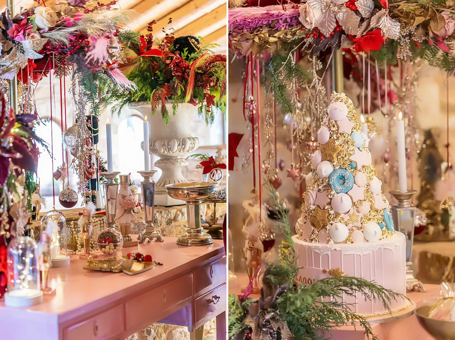 Μια Παραμυθένια Βάπτιση | Μπαλαρίνας & Καρυοθραύστη 16 A Magical Ballerina Rogdaki Events presents a breathtaking dessert table for a baptism at Pyrgos Petreza featuring intricate decorations shimmering details and a macaron tower adorned with gold accent