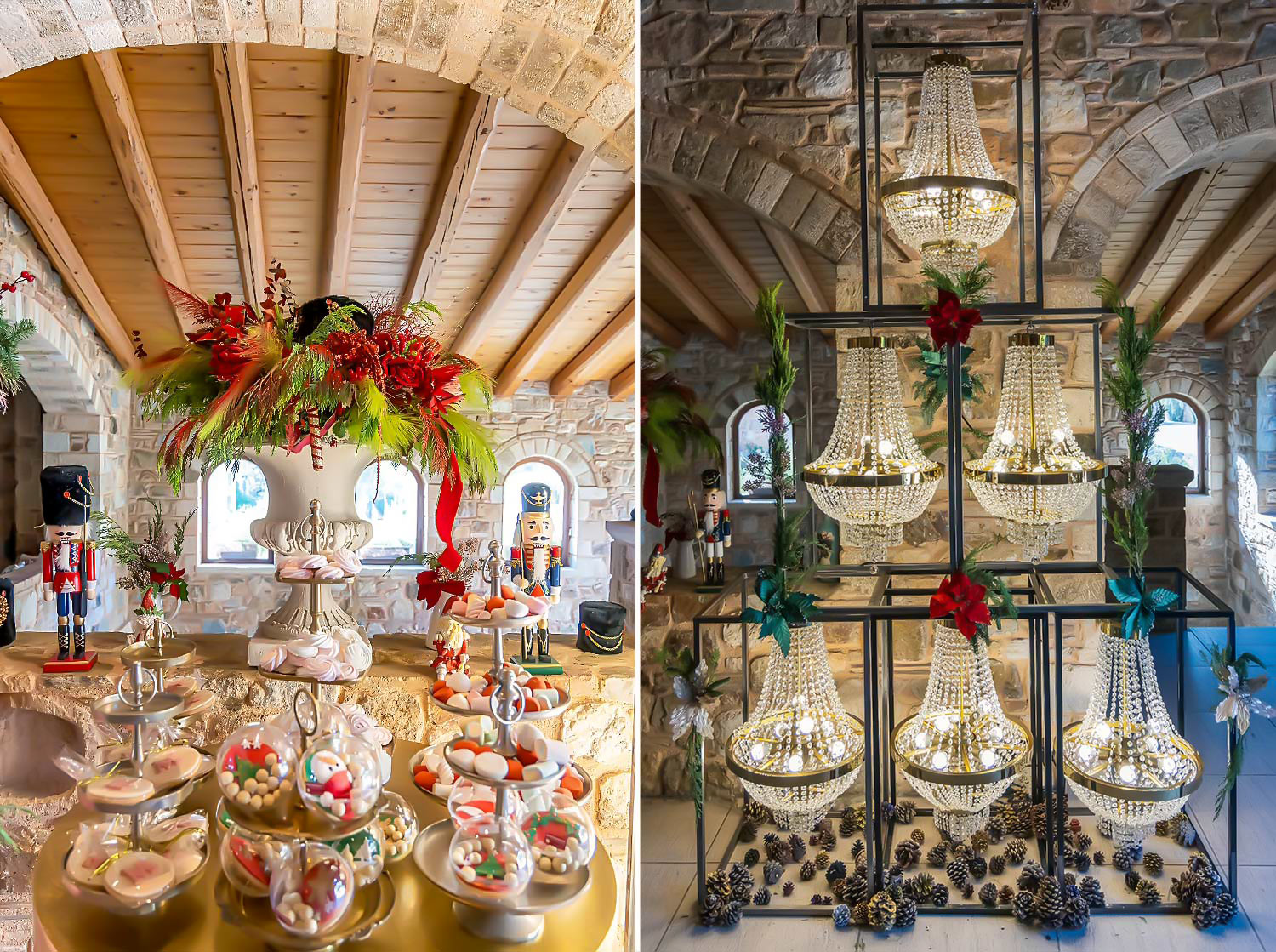 Μια Παραμυθένια Βάπτιση | Μπαλαρίνας & Καρυοθραύστη 17 A Magical Ballerina setting organized by Rogdaki Events for a baptism at Pyrgos Petreza showcasing an elegant display of colorful treats on golden trays with Nutcracker themed decor