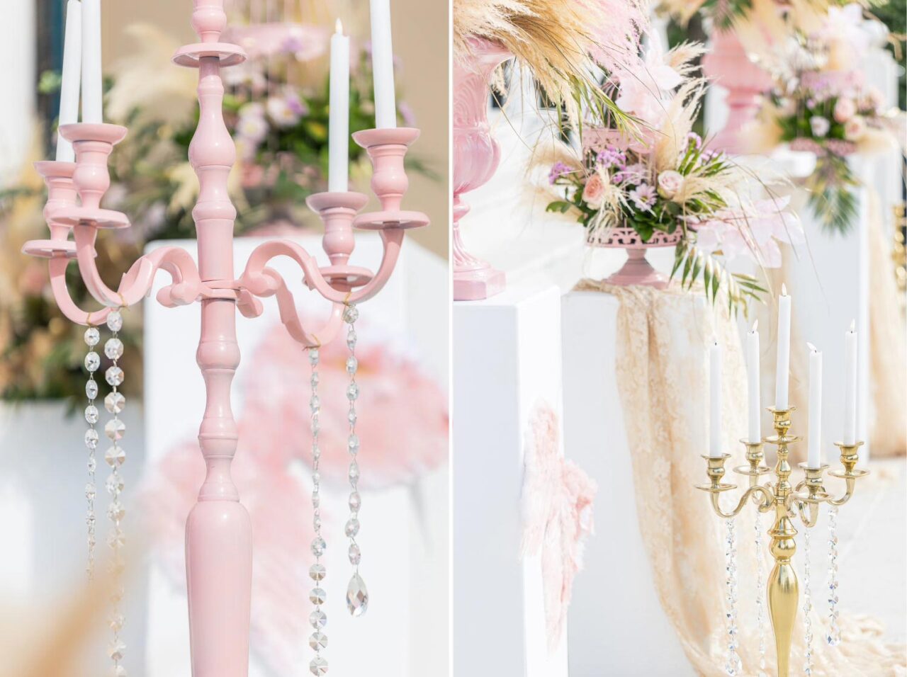 Crystal draped pink and gold candelabras shine bright. A Miracle Girl Baptism at Royal Theater, Rogdaki Events
